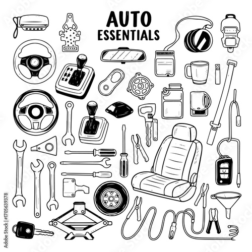 Detailed hand-drawn sketch illustration of essential car accessories, automotive parts, and vehicle maintenance tools.