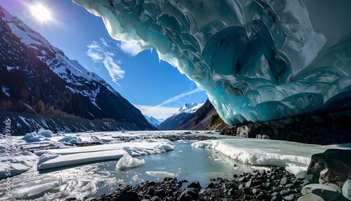 Glacier cave opening to sunny sky