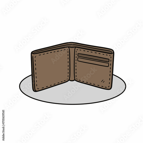 Empty brown leather wallet open, showing empty compartments, sits on a light gray surface.