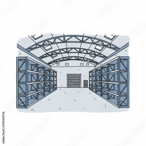 Spacious warehouse interior with high arched ceiling, rows of empty metal shelving units, and a large loading bay door.