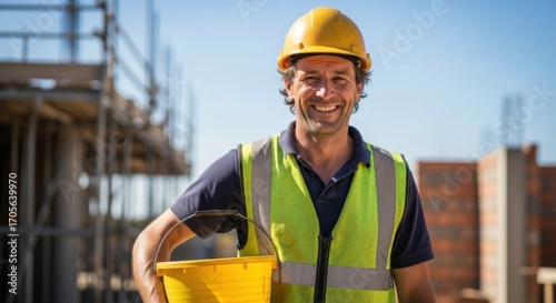 Construction worker smiling while holding a yellow bucket at site  
