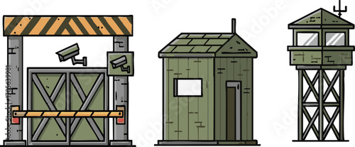 Security checkpoints stand guard, featuring a gate with cameras, a small guardhouse, and a tall watchtower, creating a sense of vigilance and protection.