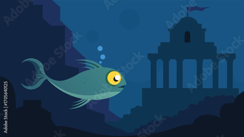 Tranquil underwater scene with a vibrant jellyfish exploring ancient ruins vector illustration