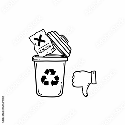 Rejected ballot paper in recycling bin with thumbs down gesture, symbolizing disapproval.