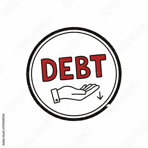 A red circle stamp with the word "DEBT" and a hand offering, symbolizing financial obligation.