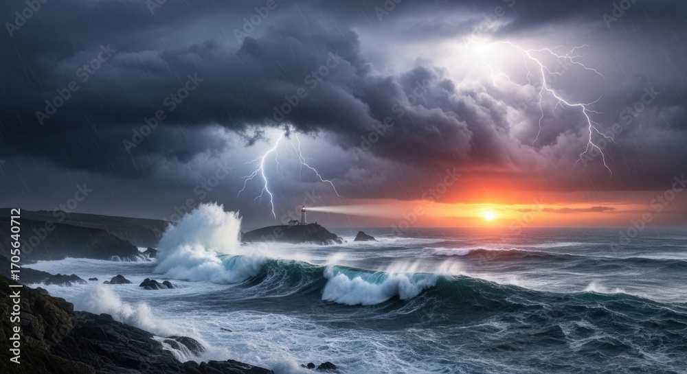 Fototapeta premium Dramatic ocean waves crashing during thunderstorm at sunset 