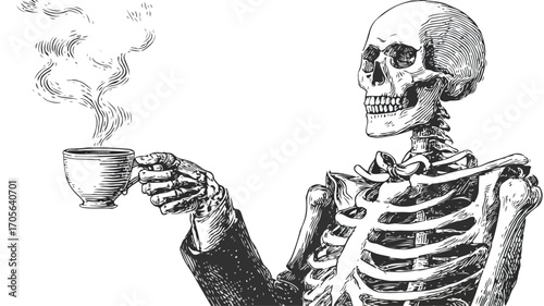 Creepy Skeleton with Coffee Black and White Retro Image