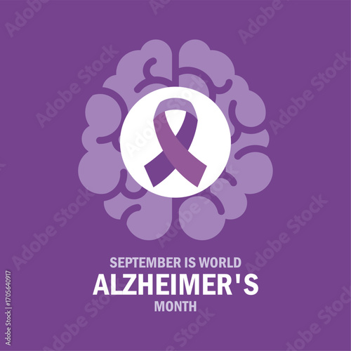 September is World Alzheimer's Month poster vector illustration. Purple awareness ribbon and human brain icon. Template for background, banner, card. Important day