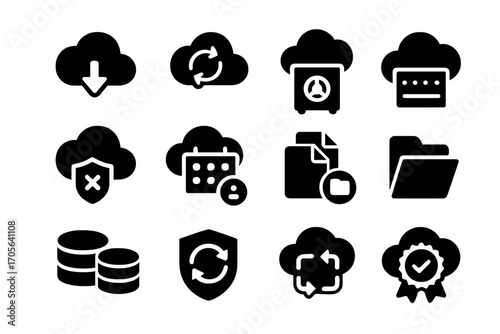 Cloud computing solid icon set. data, storage, backup solid icon collection