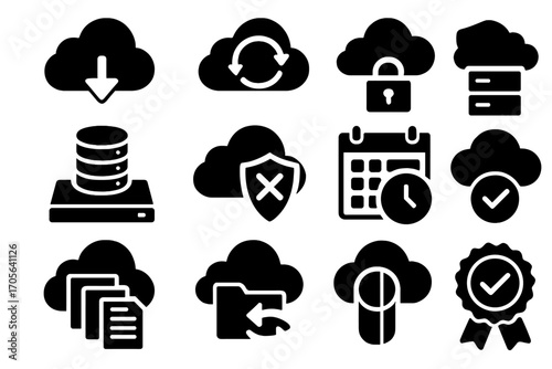 Cloud technology solid icon set. data, security, backup, and storage icons collection