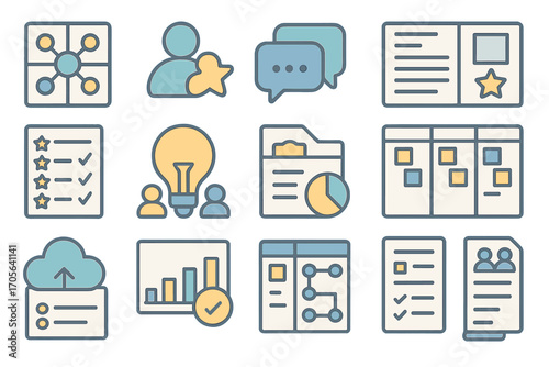 Project management flat icon set. workflow, teamwork, planning flat collection
