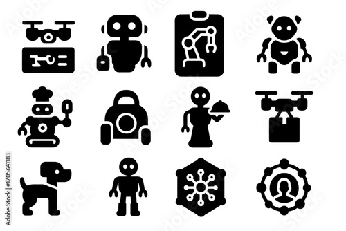 Robot, automation silhouette icon set. ai, drone, technology, machine symbols collection