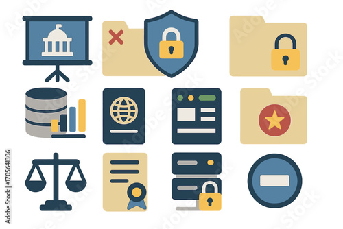 Security, privacy flat icon set. data protection and access control icons collection