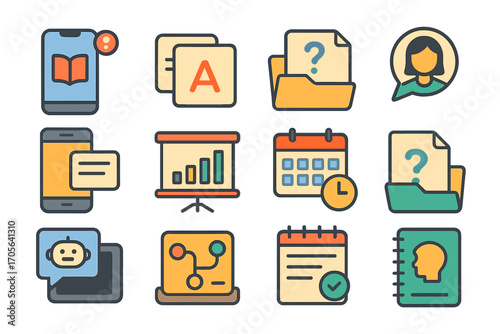 Education, office outline icon set for documents, presentation, communication tools