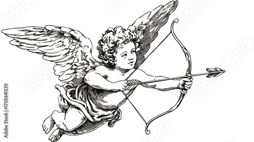 Ethereal Cupid Angel Illustration Vector with Delicate Outline Isolated