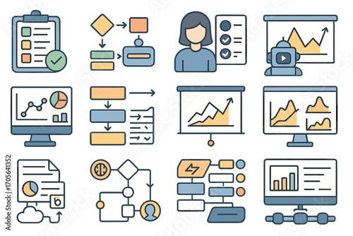 Project management outline icon set: tasks, charts, planning, workflow visuals