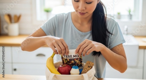 Young woman packing healthy snacks into a reusable bag in kitchen  