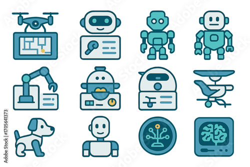 Technology and robotics icon set. innovative gadgets in outline style collection