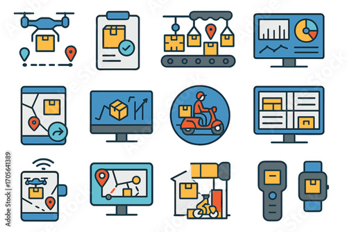 Delivery and logistics flat icon set. package, tracking, shipment icons collection