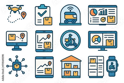 Logistics and delivery icon set. flat style for inventory, shipment tracking, and warehouses