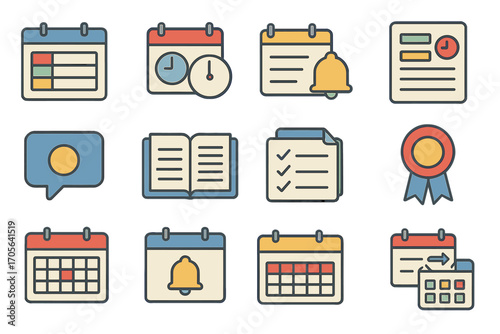 Calendar and reminder flat icon set. event planning, scheduling essentials