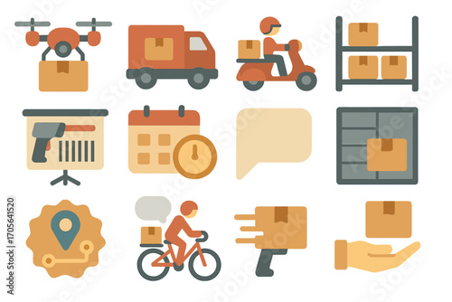 Delivery and logistics flat icon set. shipping, courier, package, transport icons