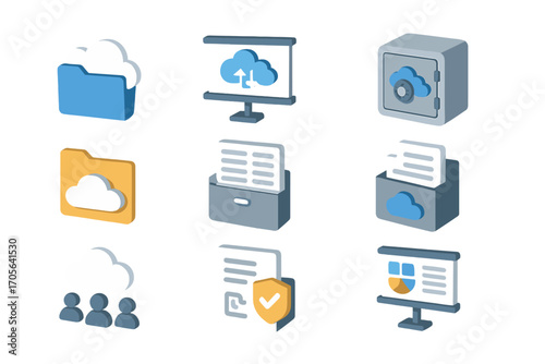 Cloud storage 3d icon set with folders, documents, and secure vault graphics