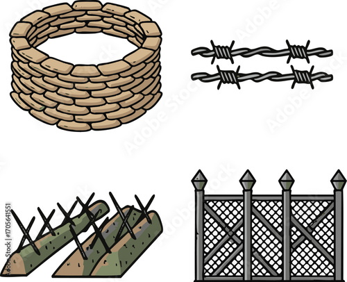 Sandbag bunker and barbed wire barriers providing military defense in a war zone, creating a sense of security and protection, symbolizing conflict and resilience.