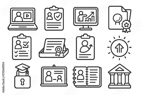 Training and education outline icon set: digital learning, certification symbols