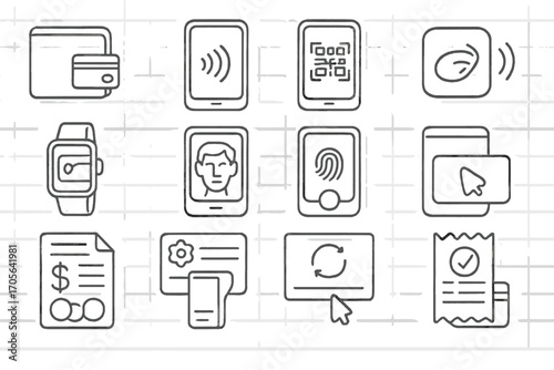 Contactless payment outline icon set. transaction, shopping icons outline collection