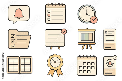 Time management and planning outline icon set: calendars, clocks, reminders collection