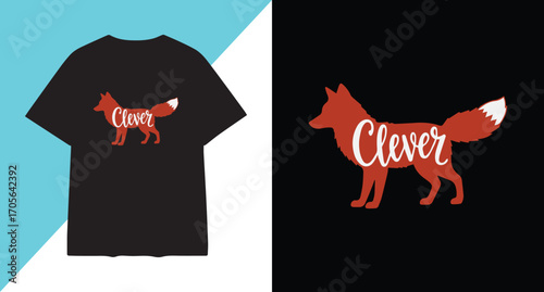 Clever fox graphic design on black t shirt and separate illustration