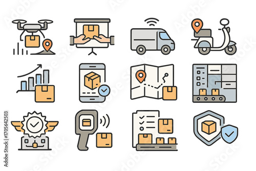 Delivery and logistics outline icon set. shipping, cargo management icons collection