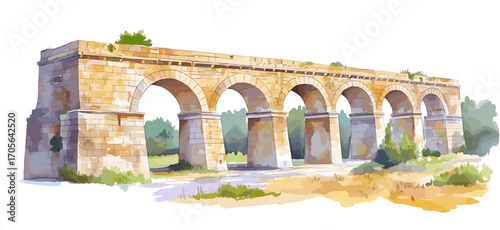 Pont du Gard. Pont du Gard watercolor vector illustration