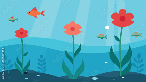 Serene underwater cliffside vector illustration with schools of fish and light rays scalable eps