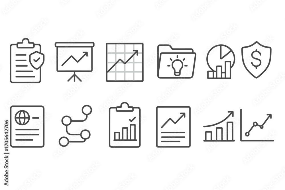 Fototapeta premium Business and finance outline icon set. charts, reports, money graphics collection