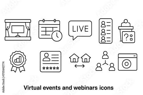 Virtual events and webinars line icon set. conference, communication, online learning icons