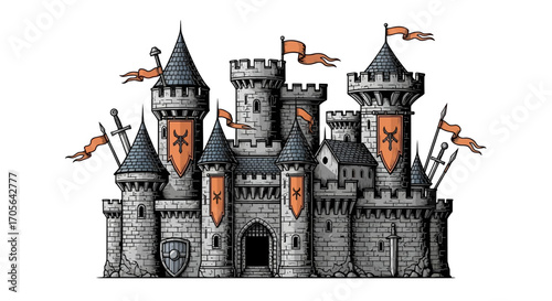 Intricate hand-drawn illustration of a medieval fantasy castle with towering turrets, heraldic flags, and protective shields on a white background
