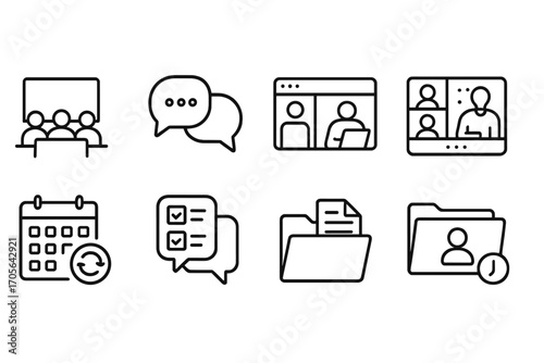 Communication and workspace linear icon set. chat, online meeting line icons pack