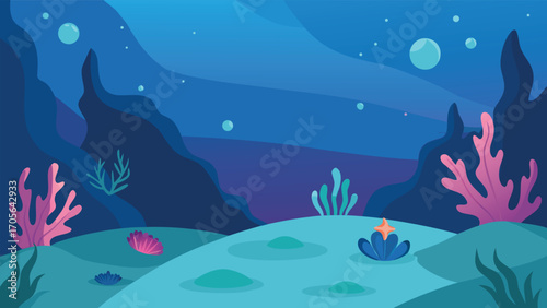 Serene underwater forest with tall seaweed and small fish vector illustration