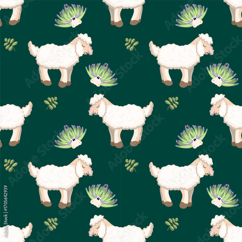 Seamless fantasy pattern with lambs and leaf sheep sea slugs, creative farm and ocean mix for kids projects or textile design.