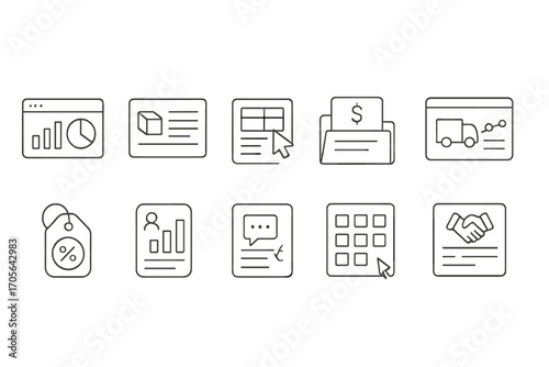 Business, finance outline icon set. analytics, e-commerce, reports linear collection