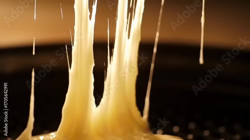 Molten cheese flowing with kitchen, and closeup.