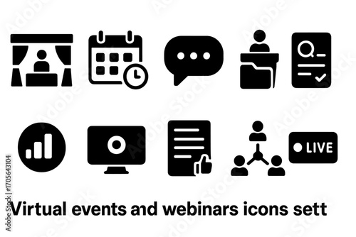 Virtual events and webinars solid icon set. online meeting, presentation graphic collection