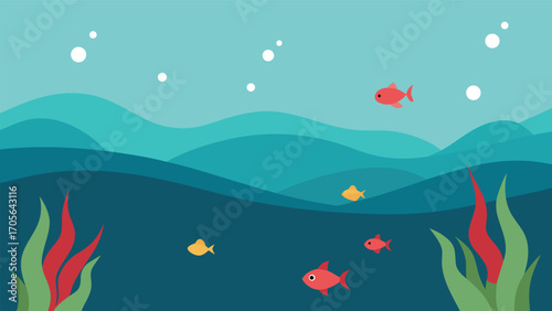 Underwater garden scene with blooming flowers and fish vector illustration
