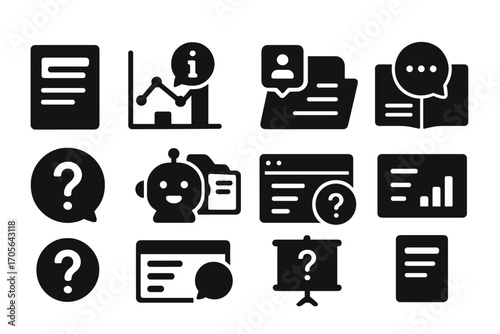 Business communication solid icon set. data, chart, robot icons in solid style