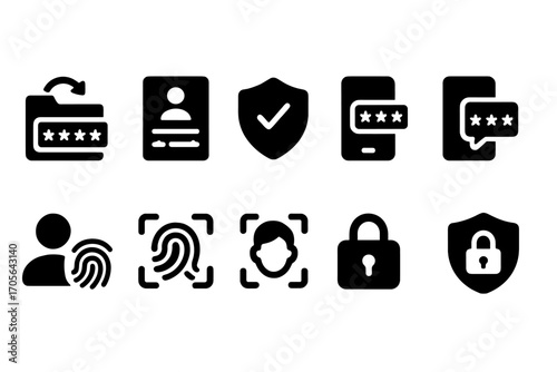 Security and privacy silhouette icon set. digital, protection, authentication symbols