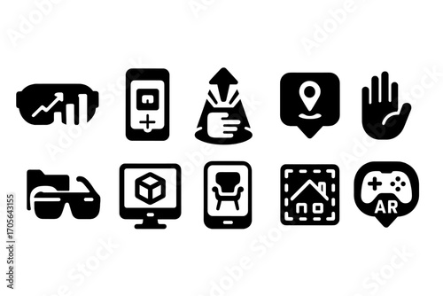 Augmented reality solid icon set. virtual reality, tech symbols in solid style