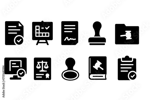 Legal, justice solid icon set. law, court, contract icons in solid style