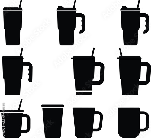 Black drinking cup silhouette set, straw mug icons, beverage container vector collection, isolated graphic elements, reusable drinkware design for illustration, minimal style